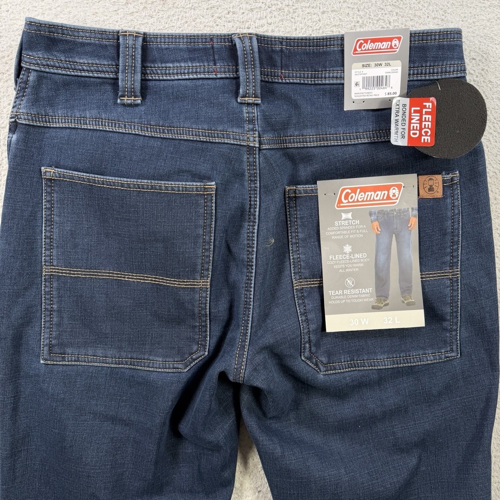 Coleman Jeans Mens 30x32 Blue Denim Fleece Lined Stretch Straight Pocket Work